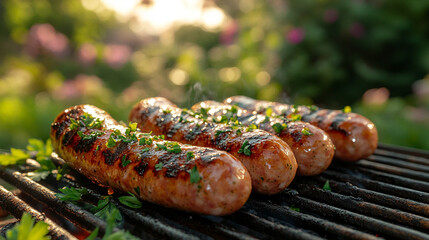 Hot, tasty grilled sausages sizzling on a charcoal grill with smoke rising, evoking a sense of warmth, outdoor cooking, and the rich, savory aroma of perfectly cooked meat