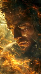 Poster - Intense Portrait of a Man Surrounded by Fire