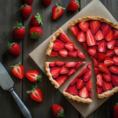 Wall Mural - strawberry tart, rustic wooden table, fresh strawberries, sliced tart pieces, delicious dessert, top-down view, vibrant colors, cozy setting, food photography, homestyle baking