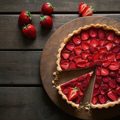 Wall Mural - strawberry tart, rustic wooden table, fresh strawberries, sliced tart pieces, delicious dessert, top-down view, vibrant colors, cozy setting, food photography, homestyle baking