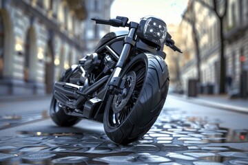 A black motorcycle parked on a cobblestone street, perfect for city or urban scenes