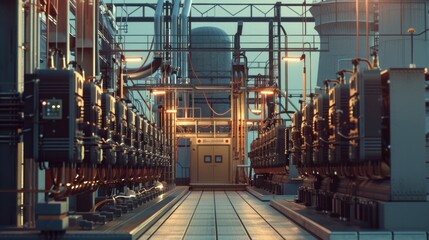 Poster - A large industrial space filled with pipes and machinery