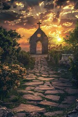 Poster - A stone path leads to a stone church