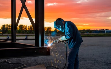 A photo of a welder working at sunset. Sparks fly from the welding rod as the welder works on a large metal structure.