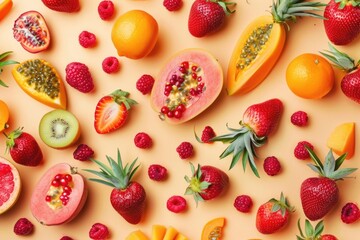 Poster - A selection of colorful fruits set against a bright yellow surface, ideal for food, lifestyle or advertisement use