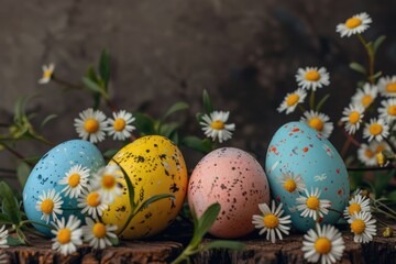 A collection of colorful Easter eggs placed on top of a tree stump, perfect for spring or Easter-themed designs