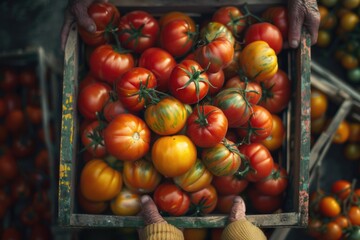 A person carrying a crate full of fresh tomatoes