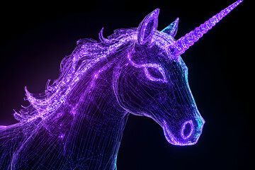 Wall Mural - Purple and blue neon wireframe crystal unicorn isolated on black background.