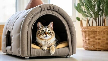 Wall Mural - Creative soft home for cats, Cute kitty in pet booth that indoors in the modern domestic room	