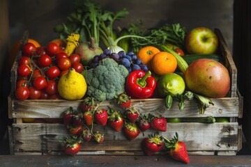 Poster - A wooden crate filled with various fruits and vegetables