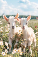 Wall Mural - Two adorable baby goats stand amidst a colorful field of flowers, perfect for adding a touch of rustic charm to your project