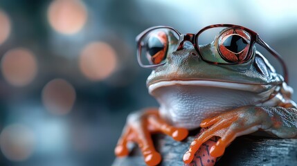 The image displays a close-up of a frog with glasses, its eyes reflecting the surrounding bokeh lights, giving an impression of contemplation and focus.