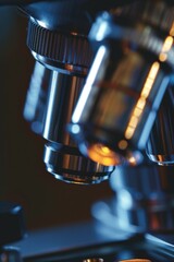 Wall Mural - close-up view of a microscope with a bright yellow light, ideal for medical or science-related illus
