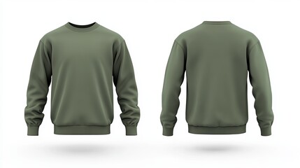 3D rendering of a dark and light green tee sweatshirt and long sleeve sweater mockup shown from the front and back views on a white background cutout for graphic design