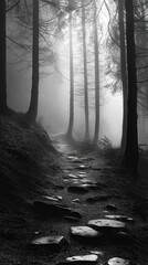 Wall Mural - A dark forest with a path through it