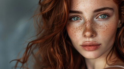 Wall Mural - Portrait of a red-haired woman with freckles and luxurious wavy hair on a dark gray background. Beauty and fashion concept.