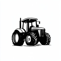 Minimalist monochrome logo of a farm tractor with a front loader, isolated on white background, isotype