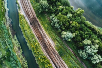 Sticker - Aerial view of a train track running parallel to a body of water, with scenic views and possibly used for advertising or editorial purposes