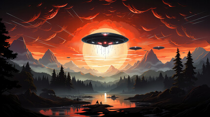 Fototapete - An alien UFO spaceship hovering over the wilderness at night.
