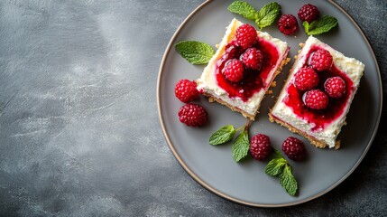 Delicious raspberry cheesecake squares served on a gray plate with fresh mint leaves