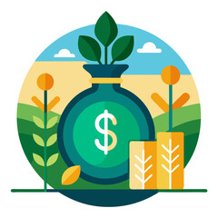 A green money bag with a dollar sign is surrounded by plants