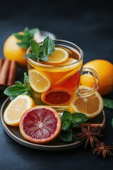 Hot citrus drink with mint and spices on a wooden board against a dark background