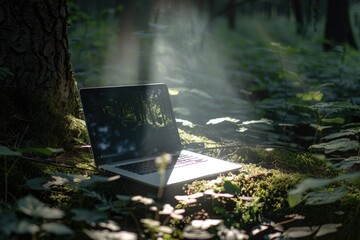 Wall Mural - A laptop computer surrounded by lush green trees