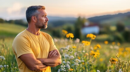 A person in a yellow shirt stands with crossed arms amidst a flower field as the sun sets, capturing a serene and reflective moment in nature.