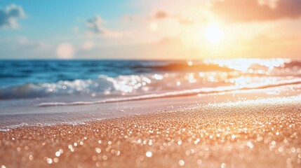 Canvas Print - Calm ocean waves gently lap against a sandy beach during sunset