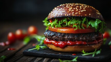 Delicious black burger buns with lettuce, tomato, and beef patties on a wooden board