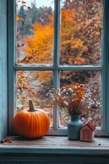 Poster - Autumn decor with dried flowers, a pumpkin, and a wooden house near a sunlit window