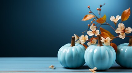 Wall Mural - Hello September message with pumpkins on a blue background, symbolizing the transition to autumn and harvest season