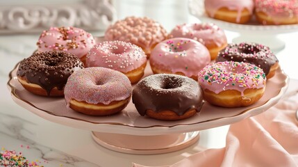 A tray of assorted donuts with pink and brown frosting