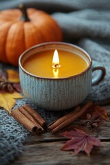 Poster - Cozy autumn scene with a pumpkin, candle, cinnamon sticks, and autumn leaves