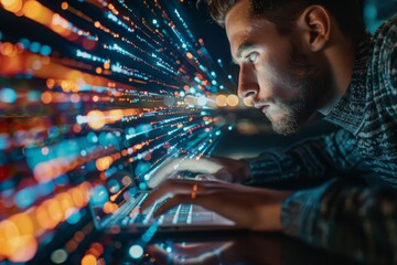 Wall Mural - A man is typing on a laptop in front of a colorful background