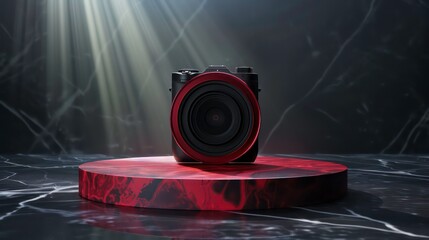 Black camera with red lens ring on a round wooden podium, black marble background with light beams.