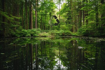 Sticker - A forest with a green sign that says recycle