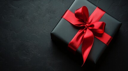 Wall Mural - Elegant black gift box with red ribbon on dark textured surface