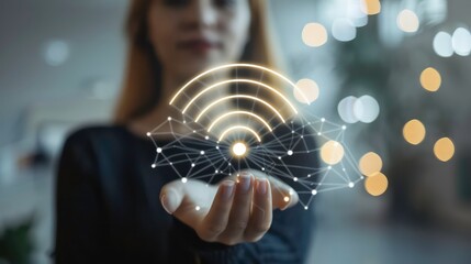 Woman's hand holding a glowing wifi symbol and a network of connected dots.