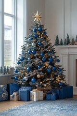 Poster - Decorated Christmas tree with blue ornaments and gifts in a cozy living room setting