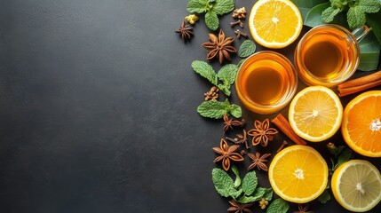 Wall Mural - Refreshing citrus drink with mint, orange slices, and spices on a dark tabletop