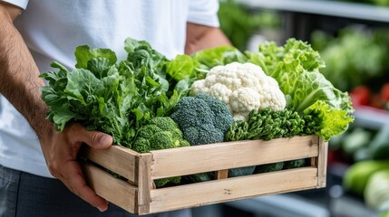 This is a close-up photograph of a man holding a wooden crate filled with fresh broccoli, cauliflower, kale, and other leafy green vegetables, possibly in a vibrant market setting.