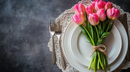 Canvas Print - Fresh pink tulips arranged beautifully on a white plate against a dark background