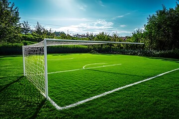 Lush green soccer field with white goalposts.