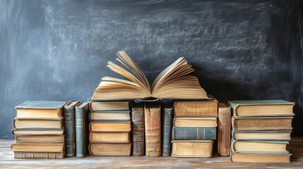 Wall Mural - Stacked old books with an open book on top against a chalkboard background