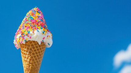 Wall Mural - Closeup of an ice cream cone with sprinkles against a blue sky.