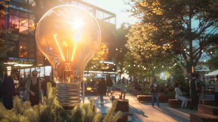 A glowing light bulb with a city backdrop, representing innovation and creativity.