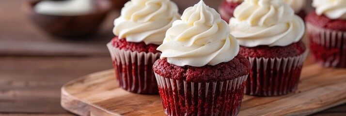 Sticker - Delicious homemade dessert concept featuring red velvet cupcakes topped with rich cream cheese frosting.