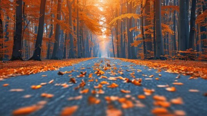 Wall Mural - Autumn forest path. Orange color tree, red brown maple leaves in fall city park. Nature scene in sunset fog Wood in scenic scenery Bright light sun Sunrise of a sunny day, morning sunlight view