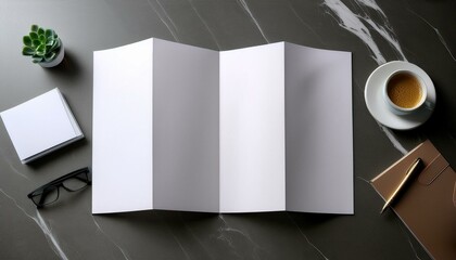 A mockup of a blank, folded brochure on a marble surface. The brochure is open, with clean, white pages ready for content,